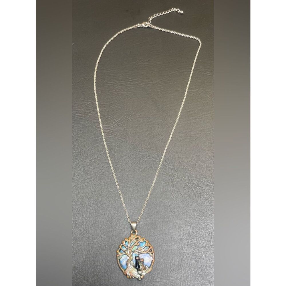 Tree of Life Silver Necklace with Blue-Green Enamel Pendant - Picture 10 of 13